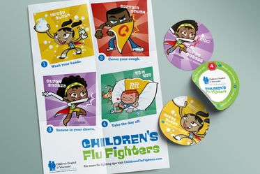 print ad and stickers encouraging kids to get vaccinated