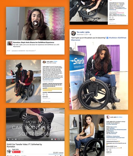 Multiple Social posts Featuring a woman in a numotion softwheel chair on an orange background